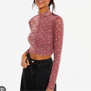 Aeropostale Mauve Floral Long Sleeve Mesh Crop Top